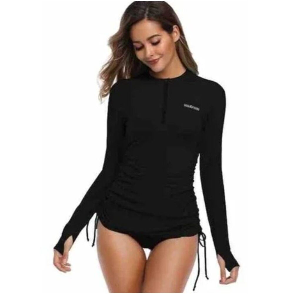 NEW Hiskywin UPF50 Long Sleeve Rash Guard Black 1/4 Zip Adjustable Ties Medium